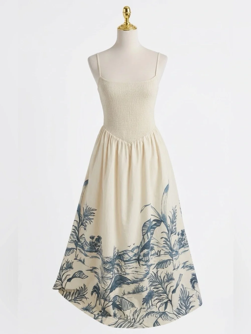 Abercrombie & Fitch Smocked Botanical Toile Midi Sundress Cream Blue Small